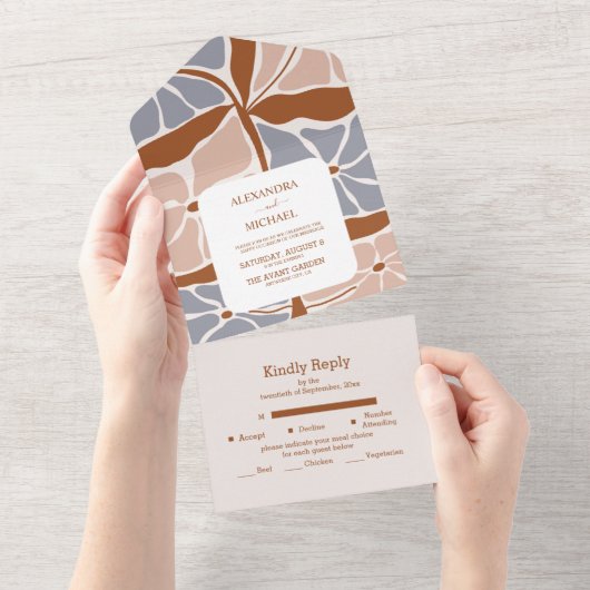 Boho Chic Retro Bloem Bruiloft All In One Uitnodiging (Afscheurbaar)