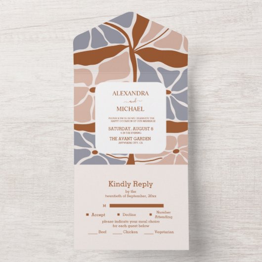 Boho Chic Retro Bloem Bruiloft All In One Uitnodiging (Binnen)