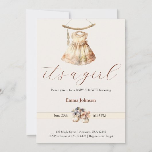 Boho Chic Robe Fille Beige Baby shower Invitation (Devant)