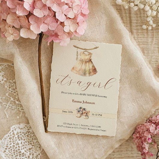 Boho Chic Robe Fille Beige Baby shower Invitation