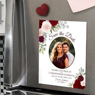 Boho Chic Rode Bloemen & Foto Trouw Save the Date Magnetische Uitnodiging