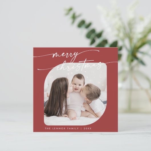 Boho Chic Rode Foto Schattigee Familie Kerst Feestdagenkaart (Staand voorkant)