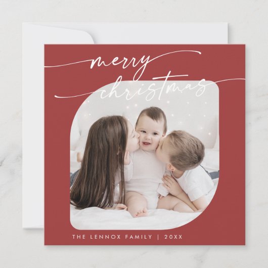 Boho Chic Rode Foto Schattigee Familie Kerst Feestdagenkaart (Voorkant)