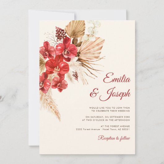 Boho chic rode orchidee herfst aangepaste bruiloft kaart (Voorkant)