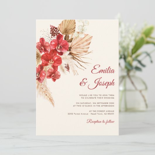 Boho chic rode orchidee herfst aangepaste bruiloft kaart (Staand voorkant)