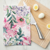 Boho Chic Roze Bloemen Waterverf Botanisch Theedoek (Quarter Fold)