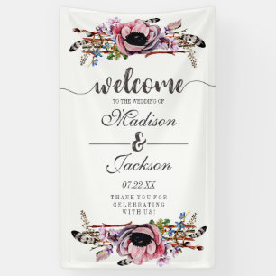Boho Chic Roze Roze Bloemige Trouwbegroeting Spandoek