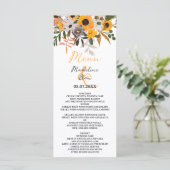 Boho chic rustige oranje zonnebloemen bruiloft menu (Staand voorkant)