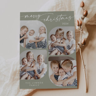 Boho Chic Sage Green Family Multi Foto Kerstmis Feestdagenkaart