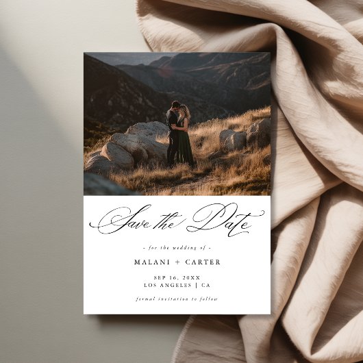 Boho Chic Script Mountain Foto Luxe bruiloft Save The Date