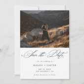 Boho Chic Script Mountain Foto Luxe bruiloft Save The Date (Voorkant)