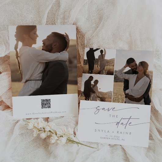 Boho Chic Stoffig Paarse Multi Foto QR Code Save The Date