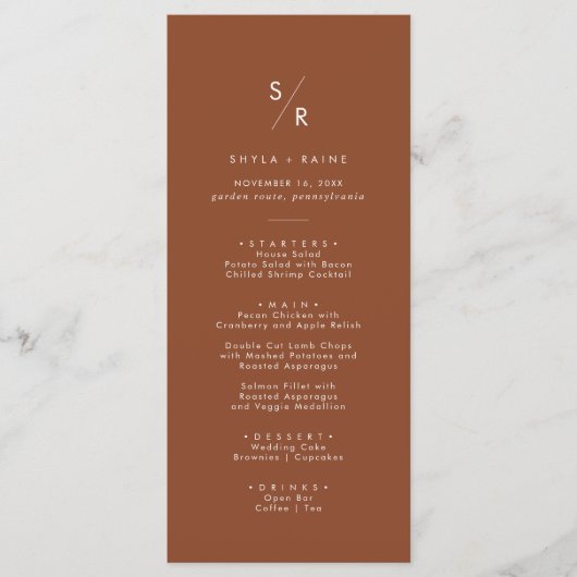 Boho chic terracotta monogram bruiloft menu (Voorkant)