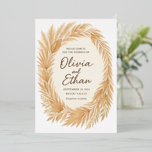 Boho Chic Trouwkaart – Pampas Gras & Palm Folie Uitnodiging (Staand Voorkant)