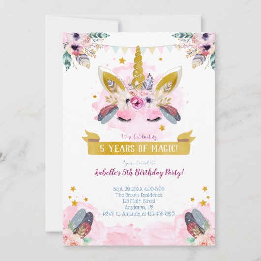 Boho Chic Unicorn Visage Anniversaire Invitation (Devant)
