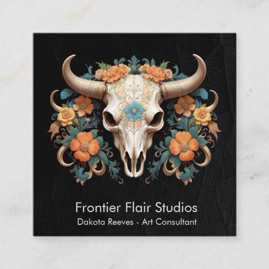 Boho Chic Waterverf Art Deco Floral Koe Schedel Vierkante Visitekaartje (Voorkant)