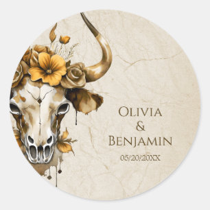 Boho Chic Waterverf Bloemen Koe Schedel Huwelijk Ronde Sticker