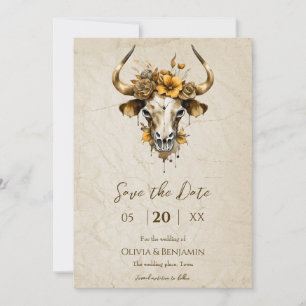 Boho Chic Waterverf Bloemen Koe Schedel Huwelijk Save The Date