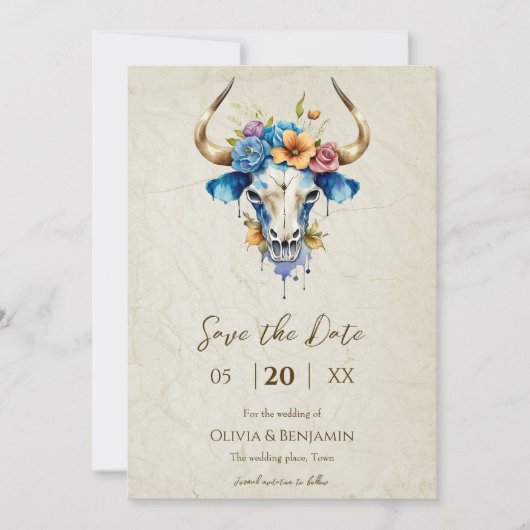 Boho Chic Waterverf Bloemige Koeienschedel Bruilof Save The Date (Voorkant)