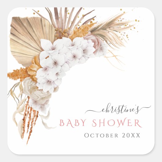 Boho Chic Waterverf Floral Baby shower Vierkante Sticker (Voorkant)