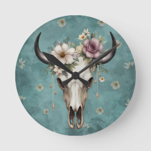 Boho Chic Waterverf Floral Koe Schedel Ronde Klok