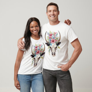 Boho Chic Waterverf Floral Koe Skull T-shirt