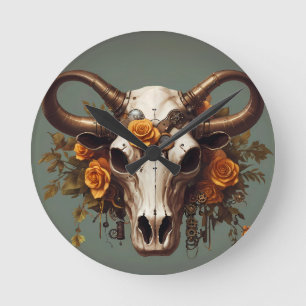 Boho Chic Waterverf Steampunk Floral Koe Schedel Ronde Klok