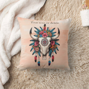 Boho Chic Waterverf Tribal Floral Koe Schedel Kussen