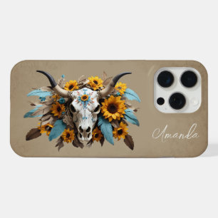 Boho Chic Waterverf Zonnebloem Veer Koe Schedel iPhone 15 Pro Max Hoesje