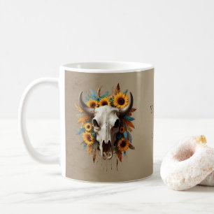 Boho Chic Waterverf Zonnebloem Veer Koe Schedel Koffiemok
