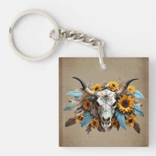Boho Chic Waterverf Zonnebloem Veer Koe Schedel Sleutelhanger