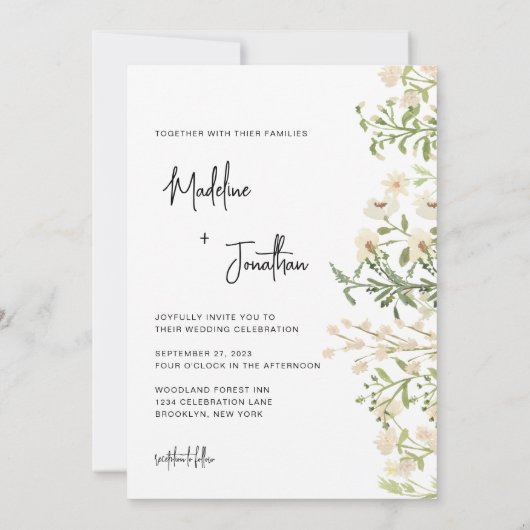 Boho Chic White Wild Flowers Wedding Kaart (Achterkant)