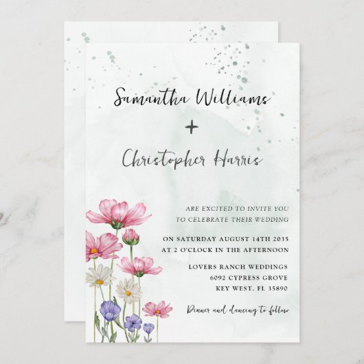 Boho Chic Wild Flower Waterverf Wedding Kaart (Voorkant / Achterkant)