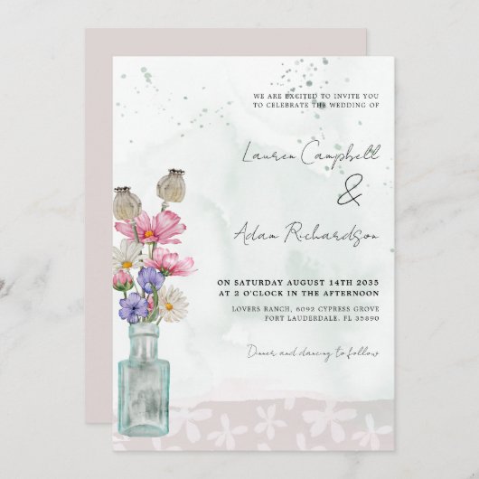 Boho Chic Wild Flower Waterverf Wedding Kaart (Voorkant / Achterkant)