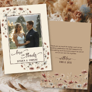 Boho Chic Wilde Bloemen Liefde & Dank Trouwfoto Bedankkaart
