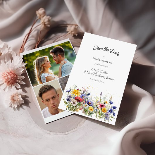 Boho Chic Wildflowers Modern 3 Photo Save The Date