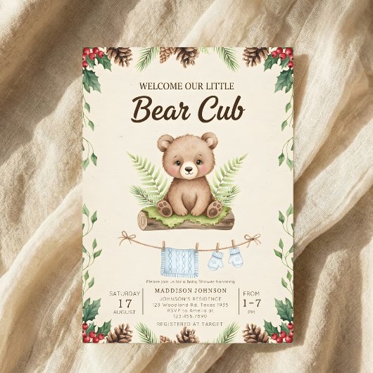 boho chic woodland bear greenery baby shower kaart