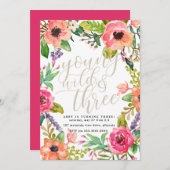 Boho Chic Young Wild and Three Birthday Invitation (Devant / Derrière)