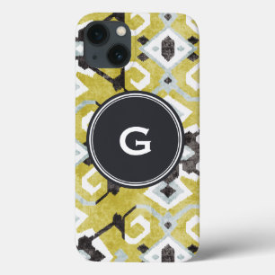 Boho chic zwart en geel ikat tribal patroon iPhone 13 hoesje