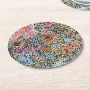 Boho chique bloementuin Waterverf schilderij Ronde Kartonnen Onderzetter