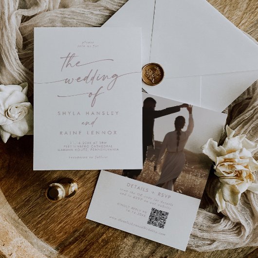 Boho chique blush roze foto QR code bruiloft Kaart