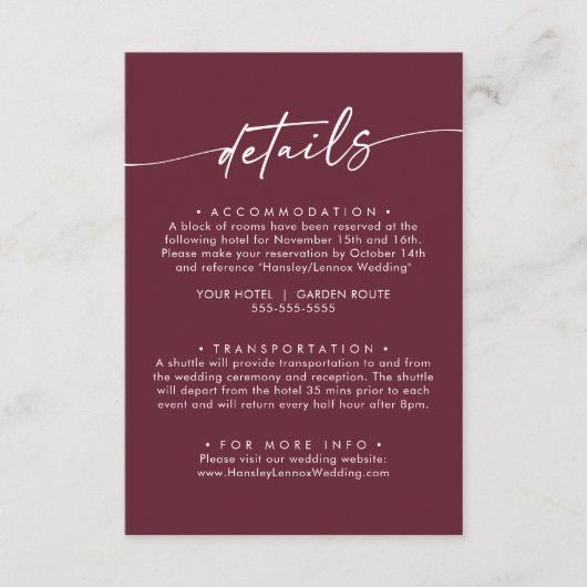 Boho chique bordeaux rode bruiloft details informatiekaartje (Voorkant)