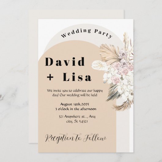 Boho chique bruiloft met pampasgras en roze rozen kaart (Voorkant / Achterkant)