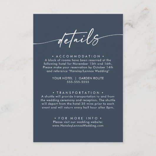 Boho chique donker marineblauw bruiloft details informatiekaartje (Voorkant)