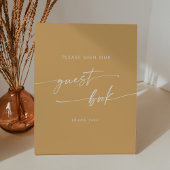 Boho chique geel goudsbloem bruiloft gastenboek reclamebord met voetstuk
