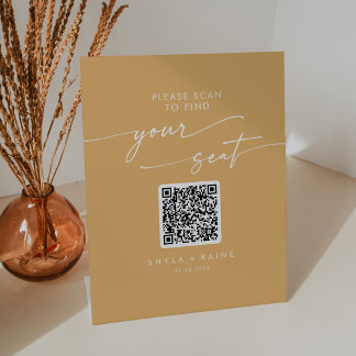 Boho Chique Gele Marigold Zittingkaart QR Code Reclamebord Met Voetstuk