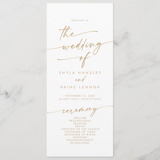 Boho Chique Goud en Witte Thee Lengte Bruiloft Programma (Voorkant)