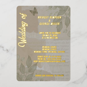 boho chique groen bruiloft monogram goud folie uitnodiging