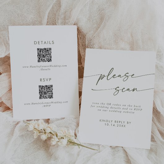 Boho Chique Groen en Wit QR Code Details RSVP Kaartje