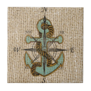 boho chique jute nautisch kompas Blauw anker Tegeltje